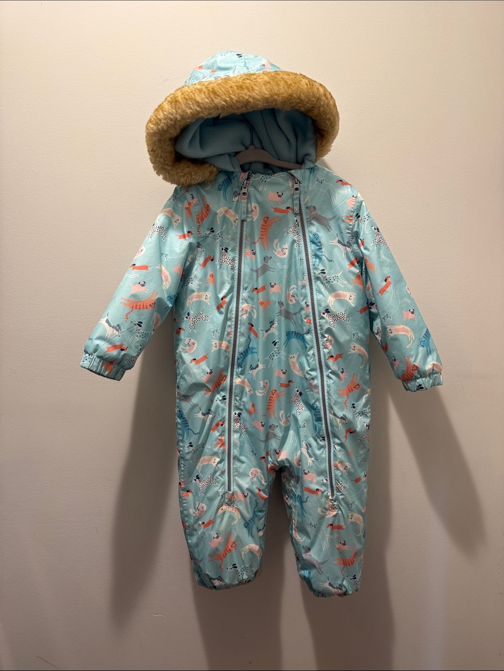 Mountain Warehouse one piece snowsuit with cat and dog print in size 2-3 years